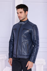 The Argento Navy Blue Leather Jacket - Vinci Leather