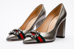The Afega Silver Leather Block Heel Pump Shoe - Vinci Leather