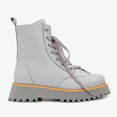 The Yildiz Grey Leather Lace-Up Ankle Boot With a Side Zipper - Vinci Leather