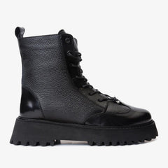 The Yildiz Black Leather Lace-Up Ankle Boot With a Side Zipper - Vinci Leather