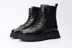 The Yildiz Black Leather Lace-Up Ankle Boot With a Side Zipper - Vinci Leather