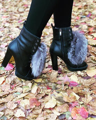 The Melo Black Leather Natural Fur Mid Calf Platform Heel Boot - Vinci Leather