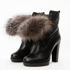 The Melo Black Leather Natural Fur Mid Calf Platform Heel Boot - Vinci Leather