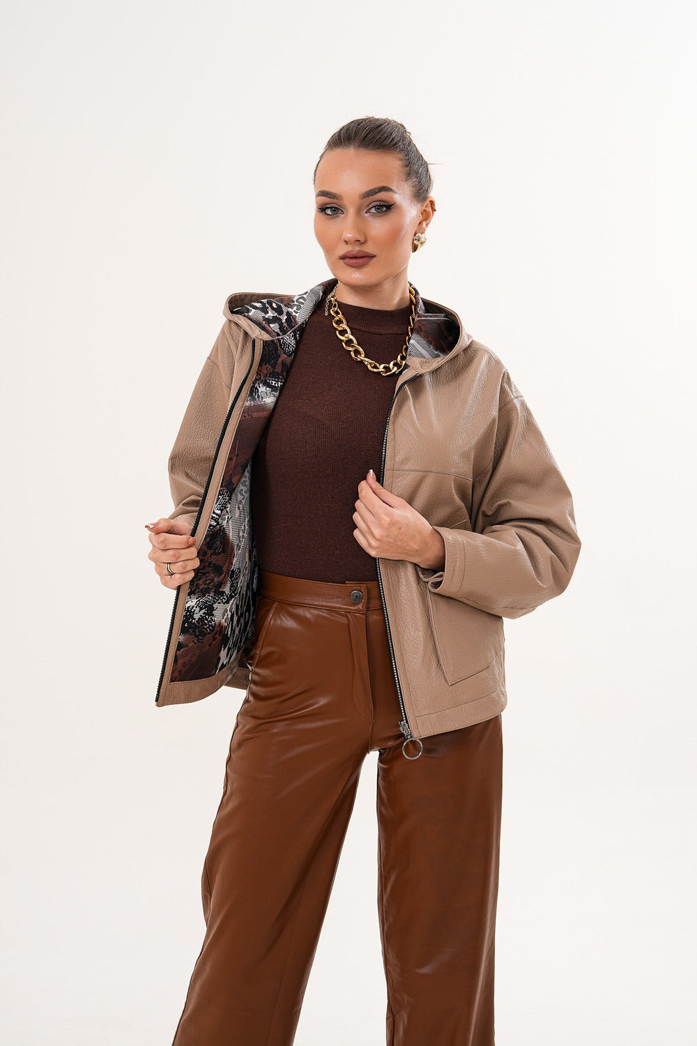 The Calyra Reversible Leather Jacket – Taupe - Vinci Leather