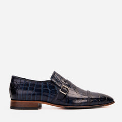 The Strat Single Monk Strap Cap Toe Navy Leather Handmade Shoe - Vinci Leather