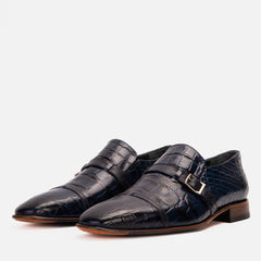 The Strat Single Monk Strap Cap Toe Navy Leather Handmade Shoe - Vinci Leather