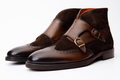 The Albus Brown Leather Suede Double Strap Monk Brogue Boot - Vinci Leather
