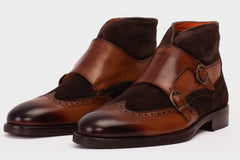 The Albus Tan Leather Suede Double Strap Monk Brogue Boot - Vinci Leather