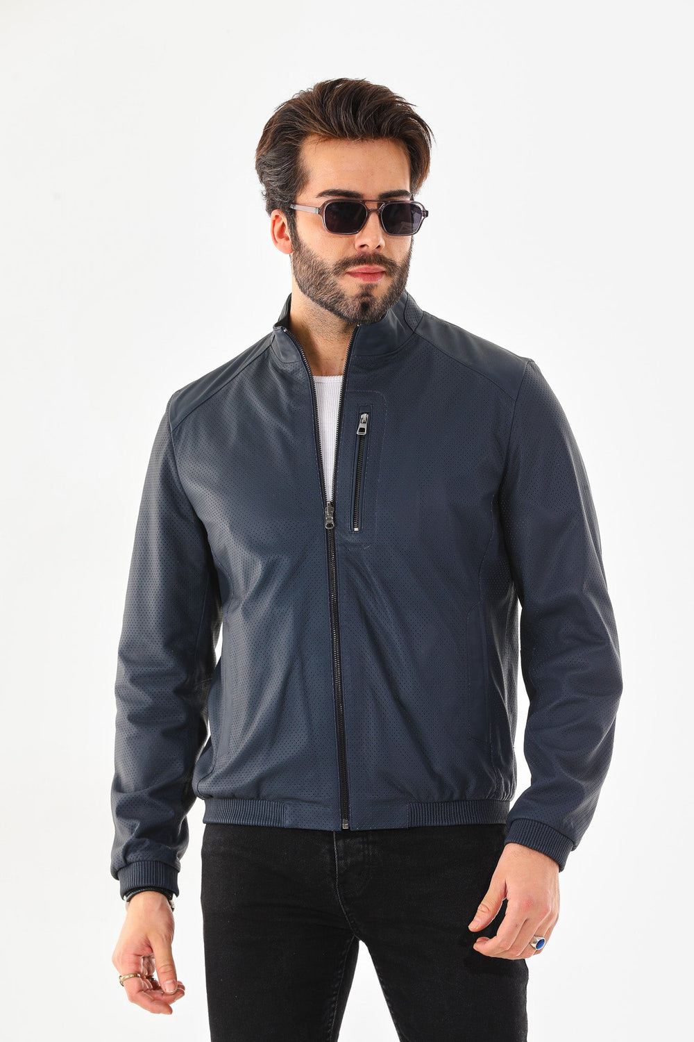 The Como Navy Blue Leather Bomber Jacket - Vinci Leather