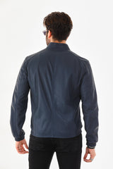 The Como Navy Blue Leather Bomber Jacket - Vinci Leather