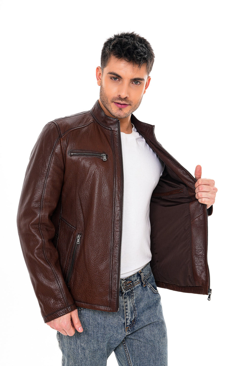 The Falcon Brown Pebbled Leather Jacket - Vinci Leather