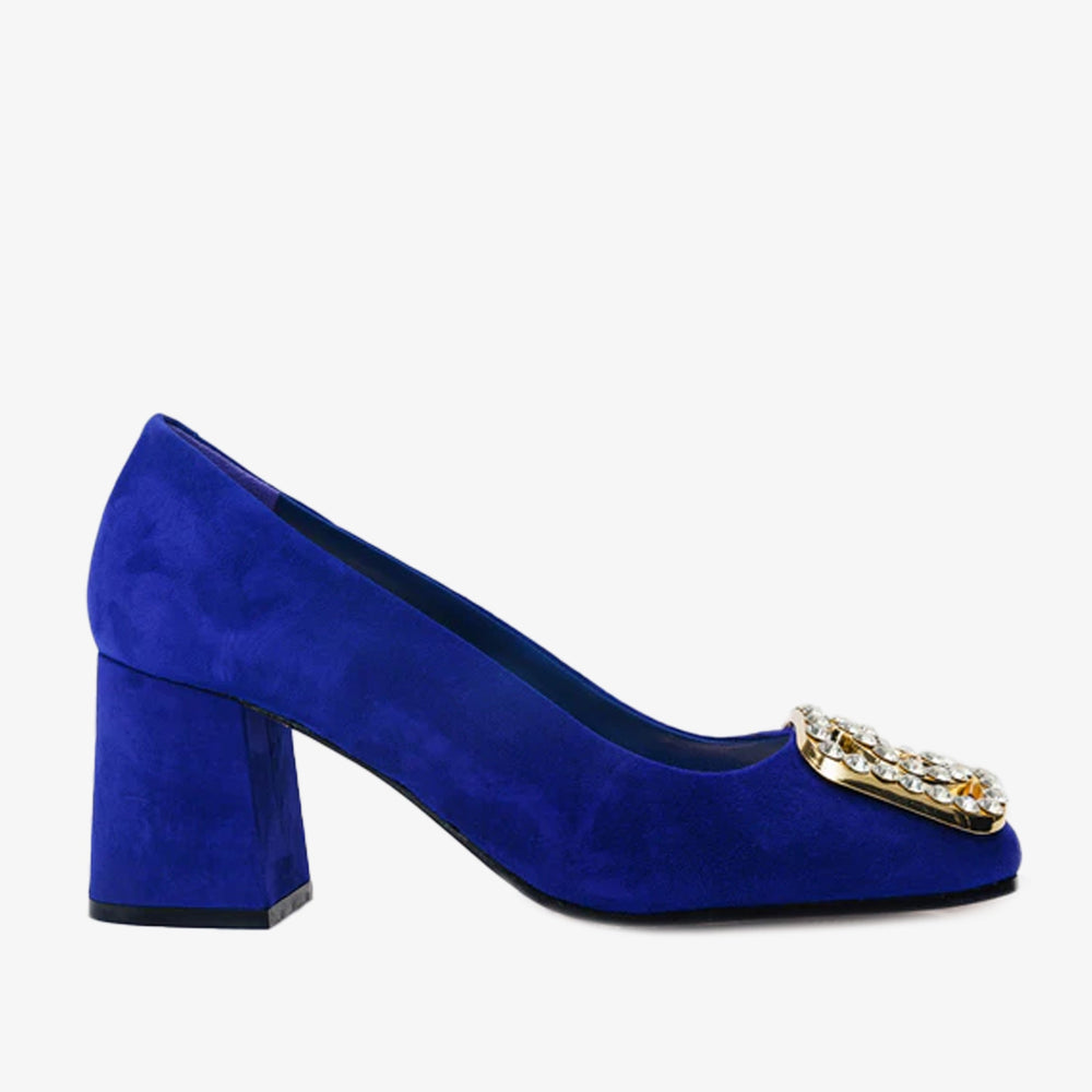 The California Sax Blue Suede Leather Block Heel Pump Shoe - Vinci Leather