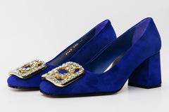 The California Sax Blue Suede Leather Block Heel Pump Shoe - Vinci Leather