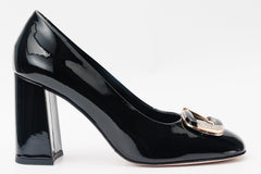 The Ferrara Black Patent Leather Block Heel Pump Shoe - Vinci Leather
