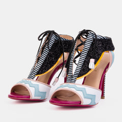 The Santa Amaro White Glitter Leather T-Strap Lace -Up Sandal - Vinci Leather