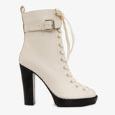 The Estrada Cream Leather Lace-Up Platform Heel Mid Calf Boot - Vinci Leather