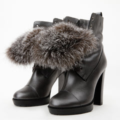 The Melo Gray Leather Natural Fur Mid Calf Platform Heel Boot - Vinci Leather