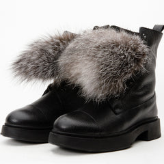 The Kajapati Black Leather Natural Fur Mid Calf Boot - Vinci Leather