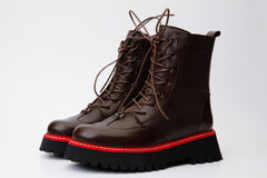 The Yildiz Brown Leather Lace-Up Ankle Boot With a Side Zipper - Vinci Leather