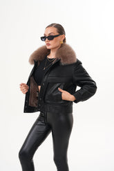 The Auretta Brown Collar Shearling Leather Jacket - Vinci Leather