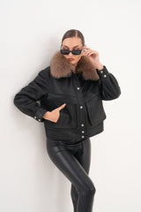 The Auretta Brown Collar Shearling Leather Jacket - Vinci Leather