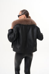 The Auretta Brown Collar Shearling Leather Jacket - Vinci Leather