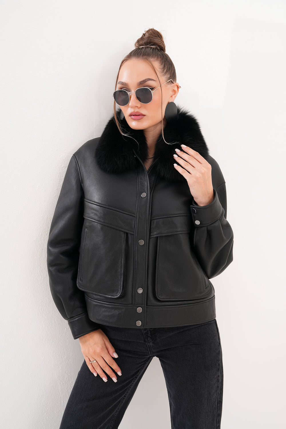 The Auretta Black Shearling Leather Jacket - Vinci Leather