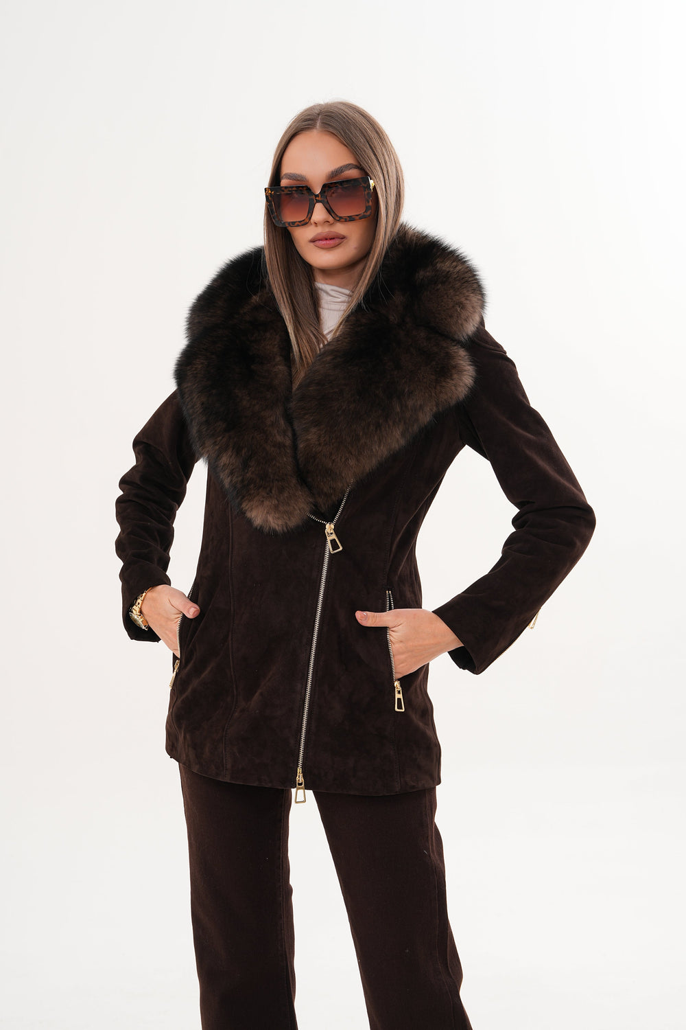 The Alessia Brown Leather Fox Fur Jacket - Vinci Leather