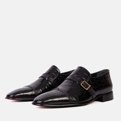 The Strat Single Monk Strap Cap Toe Black Leather Handmade Shoe - Vinci Leather