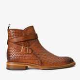 The Morral Tan Handwoven Leather Cross Strap Buckle Zip-Up Boot - Vinci Leather