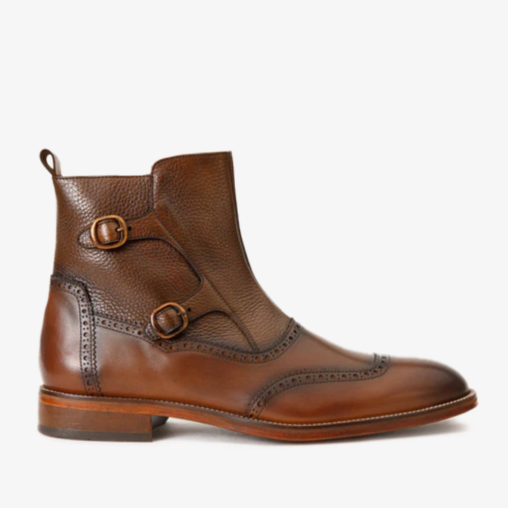 The Rand Brown Leather Double Buckle Brogue Boot with a Zipper - Vinci Leather