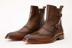 The Rand Brown Leather Double Buckle Brogue Boot with a Zipper - Vinci Leather