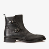 The Rand Black Leather Double Buckle Brogue Boot with a Zipper - Vinci Leather