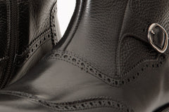 The Rand Black Leather Double Buckle Brogue Boot with a Zipper - Vinci Leather