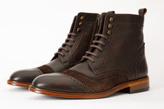 The Anderson Brown Leather Suede Brogue Lace-Up Boot with a Zipper - Vinci Leather