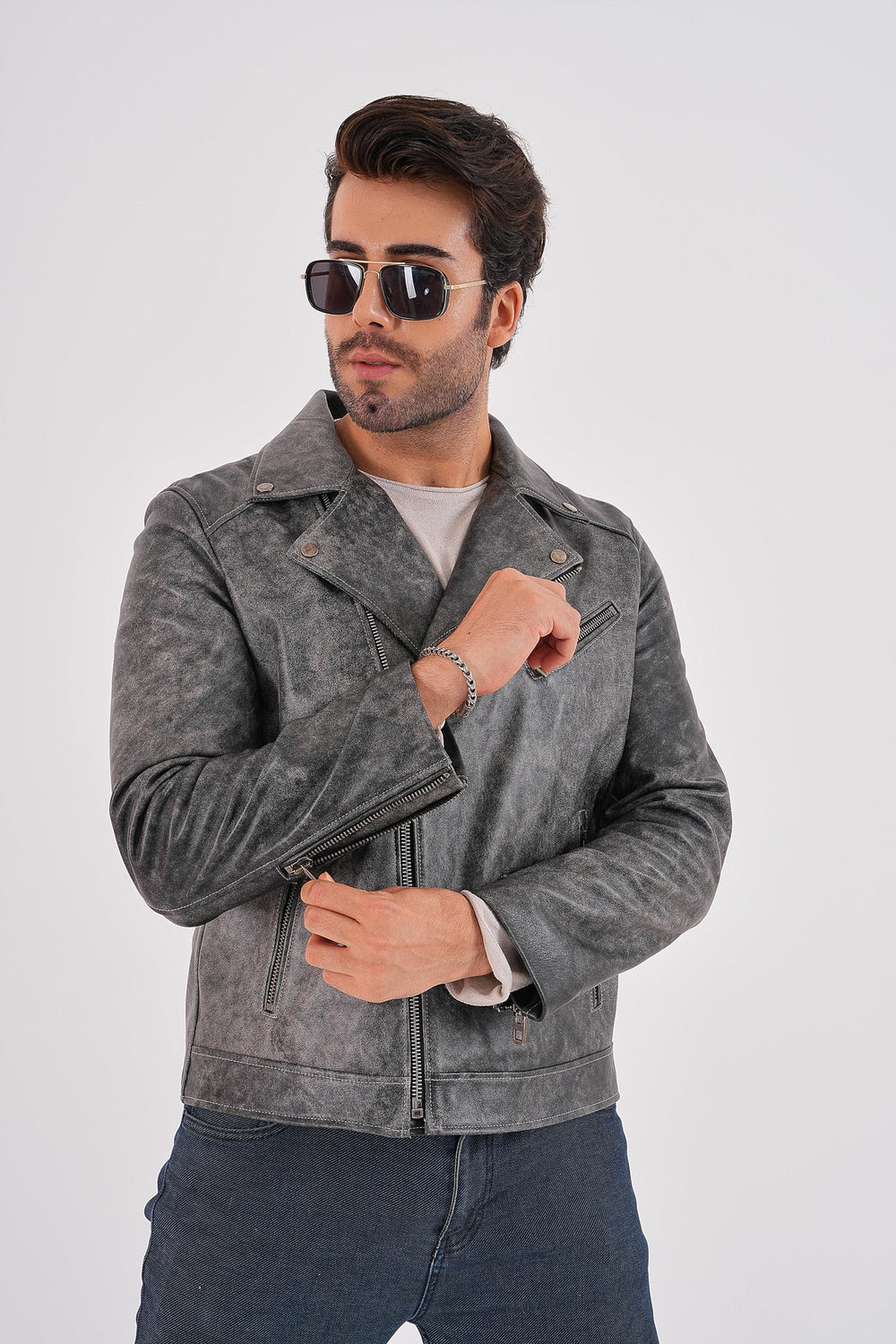 The Volt Textured Distressed Grey Leather Jacket - Vinci Leather
