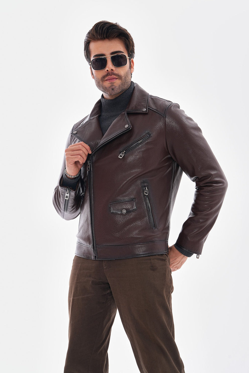 The Volt Textured Mahogany Leather Jacket - Vinci Leather