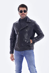 The Volt Textured Navy Blue Leather Jacket - Vinci Leather