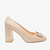 The Ferrara Cream Patent Leather Block Heel Pump Shoe - Vinci Leather