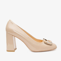 The Ferrara Cream Patent Leather Block Heel Pump Shoe - Vinci Leather