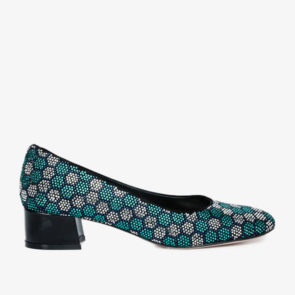 The Doha Turqoise Glitter Leather Block Pump Shoe - Vinci Leather