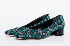 The Doha Turqoise Glitter Leather Block Pump Shoe - Vinci Leather