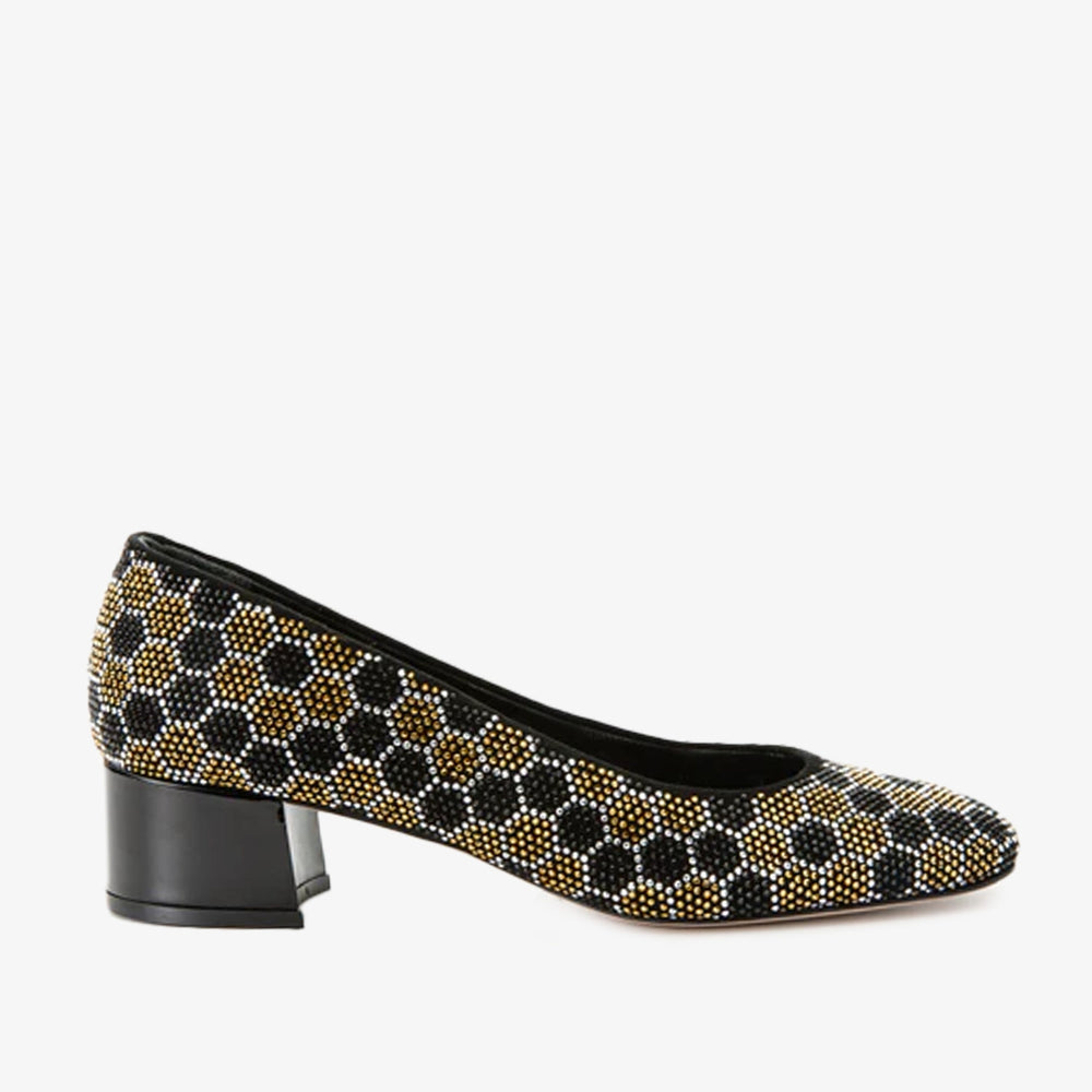 The Doha Gold Black Glitter Leather Block Pump Shoe - Vinci Leather