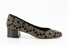 The Doha Gold Black Glitter Leather Block Pump Shoe - Vinci Leather