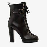 The Estrada Black Leather Lace-Up Platform Heel Mid Calf Boot - Vinci Leather