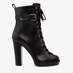 The Estrada Black Leather Lace-Up Platform Heel Mid Calf Boot - Vinci Leather