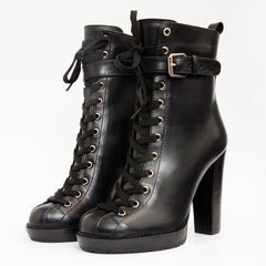 The Estrada Black Leather Lace-Up Platform Heel Mid Calf Boot - Vinci Leather