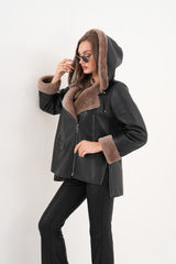 The Duchess Shearling Brown Leather Hooded Jacket - Vinci Leather