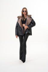 The Duchess Shearling Brown Leather Hooded Jacket - Vinci Leather