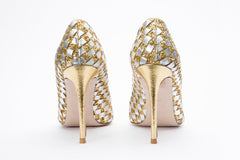 The Saks Tory Gold Silver Handwoven Leather Pump Shoe - Vinci Leather